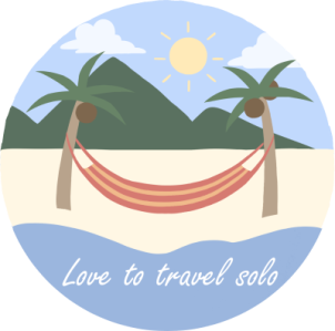 Logotyp med strand, hängmatta och texten Love to travel solo